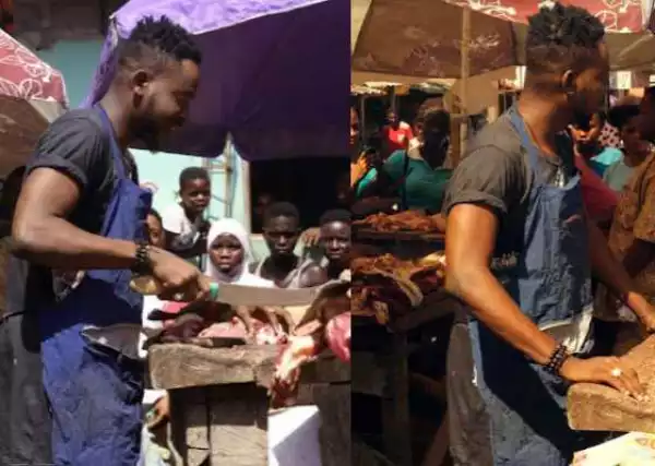 Ex YBNL Soldier, Adekunle Gold Spotted Selling Meat In A Market (Photos)